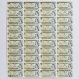 Uncut Sheet of 40 Canadian $1 Bills, c.1989, 27.5 x 24 in — 69.9 x 61 cm
