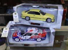 2 UT Models 1:18 BMW. An M3 E36 racing Saloon. An example in white, red and blue FINA/BASTOS livery,