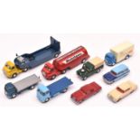 9 well restored Corgi Toys. Big Bedford Mobilgas tanker. Big Bedford Carrimore Low Loader. 2x Commer