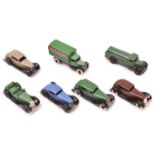 7 Dinky Toys. Daimler 30c in dark green with black smooth wheels. Rolls Royce 30b in fawn. British