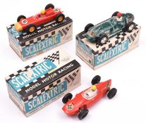 3x Tri-ang Scalextric slot cars. Cooper (C81) in red, RN20. BRM (C85) in green, RN8. Porsche (C86)