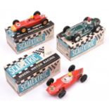 3x Tri-ang Scalextric slot cars. Cooper (C81) in red, RN20. BRM (C85) in green, RN8. Porsche (C86)