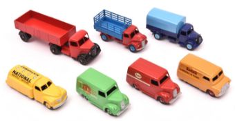 7 well restored Commercial Dinky Toys. Bedford Articulated Lorry in red with black wheels.