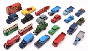 18 Dinky Toys. 16 mostly well restored examples - 2x Leyland Double Deck Buses, Riley, Leyland