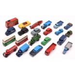 18 Dinky Toys. 16 mostly well restored examples - 2x Leyland Double Deck Buses, Riley, Leyland