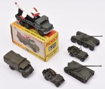 5 French Dinky Military vehicles. 2x Jeeps, variations. Mercedes-Benz Unimog Truck. E.B.R. Panhard 8