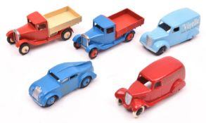 5 white metal copies of original Dinky Toys vehicles. 2x 22 series Motor Truck 22c, an example in