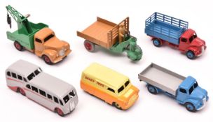 6 Dinky Toys. Bedford CA Van, in yellow and orange Dinky Toys livery. An Observation Coach in