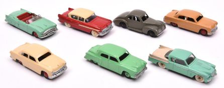 7 Dinky Toys American Cars. 39 Series Studebaker in dark grey. Studebaker Golden Hawk in light green