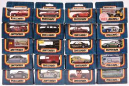 20 Matchbox MB Series. 2x No.2 Rover Stirling, colour variations. 4 London Taxi. 7 Porsche 959. 10