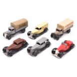 6 Dinky Toys. 3x 36 series cars- Armstrong Siddeley 36a in grey. Humber Vogue 36c in dark brown.