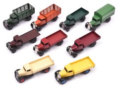 9 Dinky Toys 25 series trucks. 5x 25a Wagons. One type 2 with open chassis in dark green. 2x Type 3,
