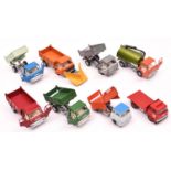 8 Dinky Toys/ 6x Ford D Series trucks, including 4x tippers, 3 well repainted, one still in-the-