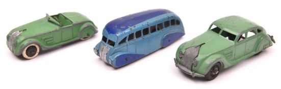 3 Dinky Toys. Streamlined Tourer 22g. In mid green with black smooth wheels and white tyres,