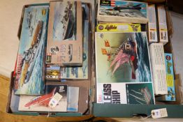 16x unconstructed plastic kits by Airfix, Matchbox, IMAI, Revell, etc. Including; Greek Warship,