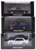 3 Minichamps 1:43 BMW M3 E30. One in black with black interior. Another in white with maroon