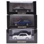 3 Minichamps 1:43 BMW M3 E30. One in black with black interior. Another in white with maroon