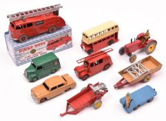 9 Dinky Toys. Ford Fordor Sedan in tan with red wheels. Commer Fire Engine in red, with two piece