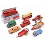 9 Dinky Toys. Ford Fordor Sedan in tan with red wheels. Commer Fire Engine in red, with two piece