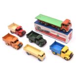 7 well restored Commercial Dinky Toys. Foden DG Flat Truck orange cab and chassis with green