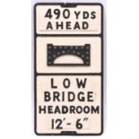 Cast aluminium road sign LOW BRIDGE HEADROOM 12'6'' 490 YDS AHEAD. Complete with all glass 'fruit