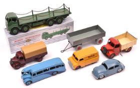 7 Dinky Toys. Foden FG Flatbed Truck with chains, in mid green with light green wheels. Bedford