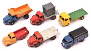 6 French Dinky Commercial Vehicles. 4 well repainted examples- Berliet Container Truck in Red