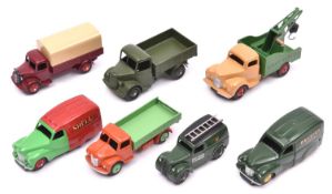 7 well restored Commercial Dinky Toys. Commer Breakdown Lorry in fawn with green body, red wheels.