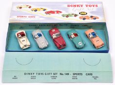 A made up Dinky Toys Gift Set 149 with one replacement vehicle. Comprising 2x Aston Martin RN20 in