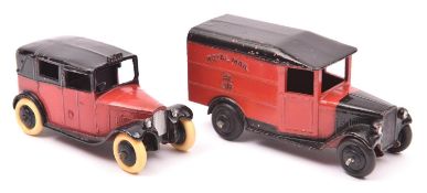 2 Dinky Toys. Royal Mail Van 34b. An example in red with black bonnet, wings, roof and wheels,