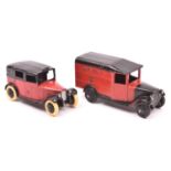 2 Dinky Toys. Royal Mail Van 34b. An example in red with black bonnet, wings, roof and wheels,