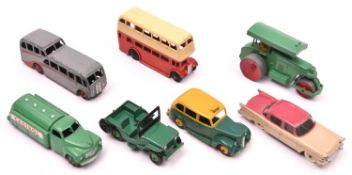 7 Dinky Toys. An AEC Double Decker Bus in red and cream with black wheels. An Observation Coach in