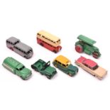 7 Dinky Toys. An AEC Double Decker Bus in red and cream with black wheels. An Observation Coach in