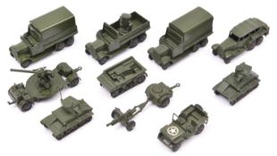 11 Dinky Toys Military vehicles and equipment. A six wheeled searchlight lorry, complete, plus a 4