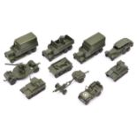 11 Dinky Toys Military vehicles and equipment. A six wheeled searchlight lorry, complete, plus a 4