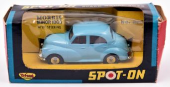 Spot-On Morris Minor 1000 289. In light blue with red interior. Boxed, some creasing to window.