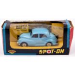 Spot-On Morris Minor 1000 289. In light blue with red interior. Boxed, some creasing to window.