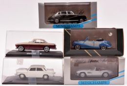 3 Minichamps 1:43 scale BMW cars. A 502 4 door saloon in black with light grey interior. A 507