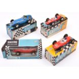 4x Tri-ang Scalextric slot cars. Vanwall (C55) in blue, RN16. Cooper (C58) in red, RN9. Ferrari (