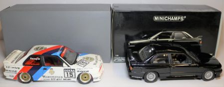 2 Minichamps 1:18 1987 BMW M3 E30. A 'Street' example in black with grey interior. Plus a 'Point-