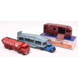 3 Dinky Toys. An American issue Express Horse Box in maroon with red wheels. In a good