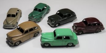 6x Dinky Toys 40 Series cars. Austin Devon (40d) in maroon. 2x Standard Vanguards (40e); one in fawn