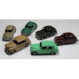 6x Dinky Toys 40 Series cars. Austin Devon (40d) in maroon. 2x Standard Vanguards (40e); one in fawn