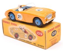 Dinky Toys Austin-Healey '100' Sports (109). An example in deep yellow with mid blue interior and