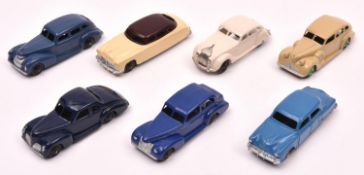 7 well restored Dinky Toys American Cars. Chrysler Airflow in cream. 4 39 Series- Oldsmobile in dark