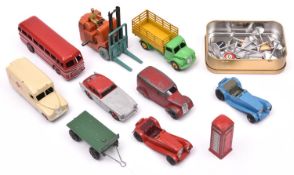9 Dinky Toys. Daimler Ambulance in cream. AC Aceca in grey and red, 2x Jaguars SS, in red and mis