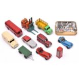9 Dinky Toys. Daimler Ambulance in cream. AC Aceca in grey and red, 2x Jaguars SS, in red and mis