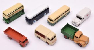 7 well restored Commercial and PSV's Dinky Toys. Daimler Ambulance in white, with red wheels/