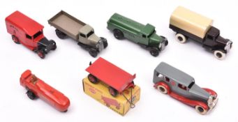 6 Dinky Toys. A 25 series Petrol Tank Wagon 25d in dark green PETROL livery with black ridged