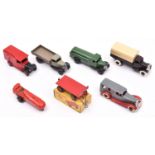 6 Dinky Toys. A 25 series Petrol Tank Wagon 25d in dark green PETROL livery with black ridged